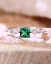 MAEVE Princess Cut Emerald Promise Ring Dainty Engagement Ring with Trio Side Stones